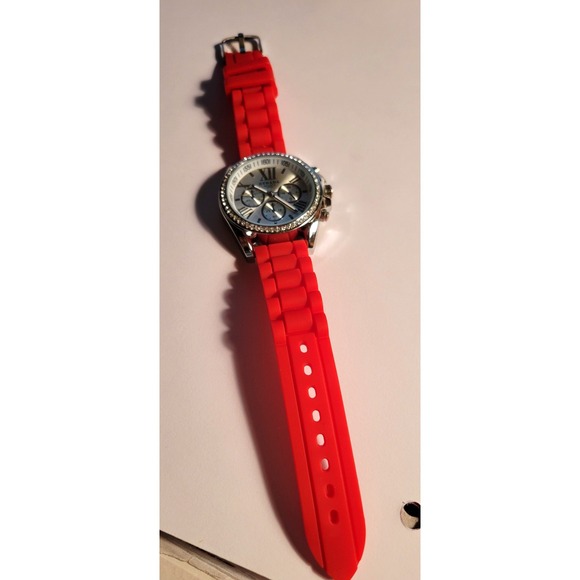 STRADA GENOA Women's Rhinestone Accent Watch RED Silicone Strap Chronograph - Picture 4 of 8